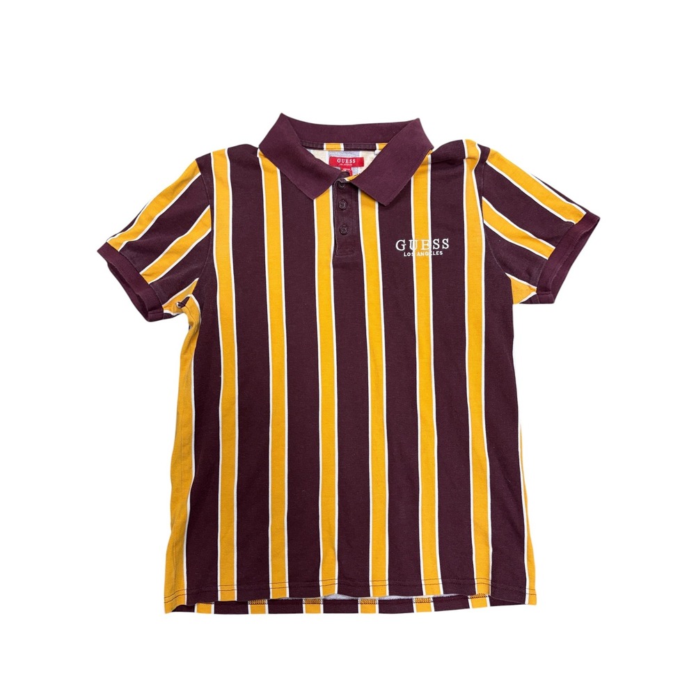 Guess Los Angeles Mens Striped Polo Shirt Burgundy Yellow White Size S